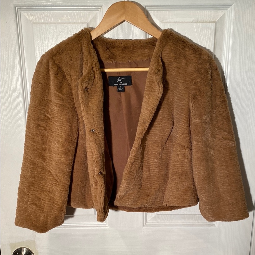Faux Fur Bolero Jacket Coat Cardigan Brown / Tan - Lennie by Nina Leonard